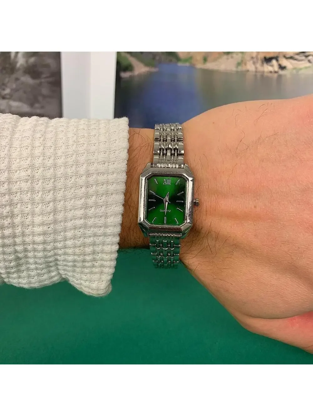 Y2K 2000s Vintage Minimalist Classy Stainless Steel Rectangular Green Face Watch
